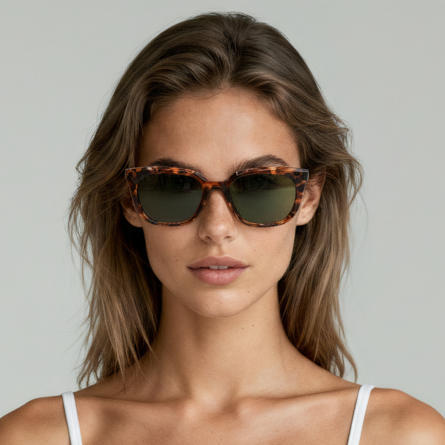 Female model wearing cat eye sunglasses with tortoise frame and brown lenses UV400 – Abby by Final Touch
