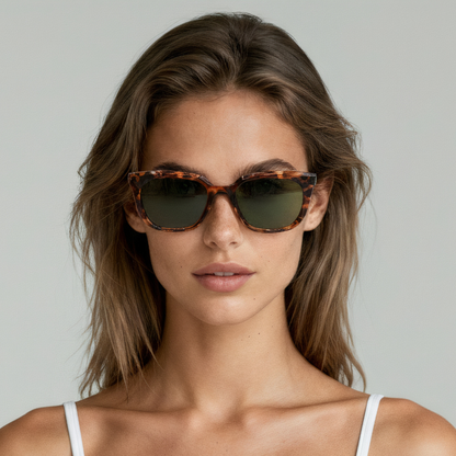 Female model wearing cat eye sunglasses with tortoise frame and brown lenses UV400 – Abby by Final Touch