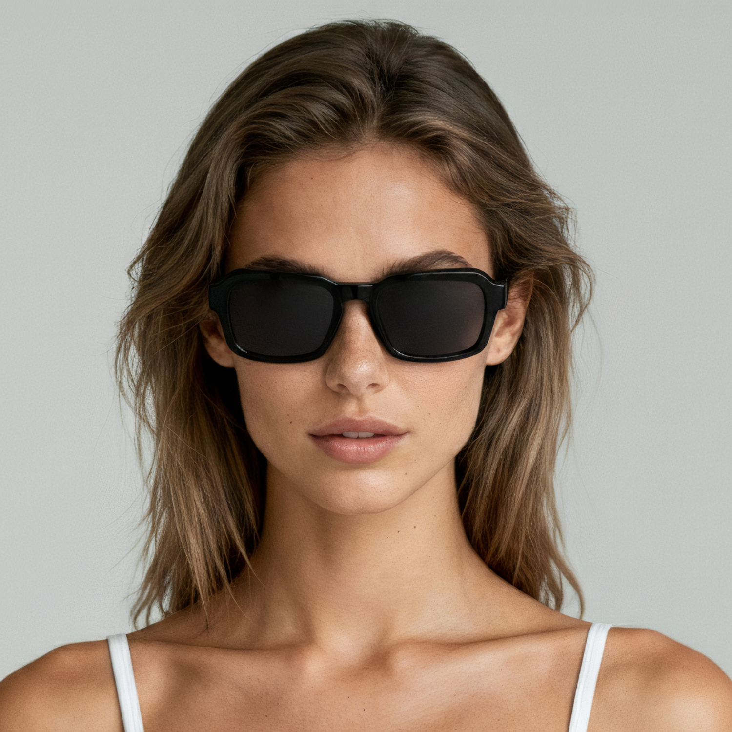 Female model wearing rectangular sunglasses with black frame and smoke lenses UV400 – Alex by Final Touch