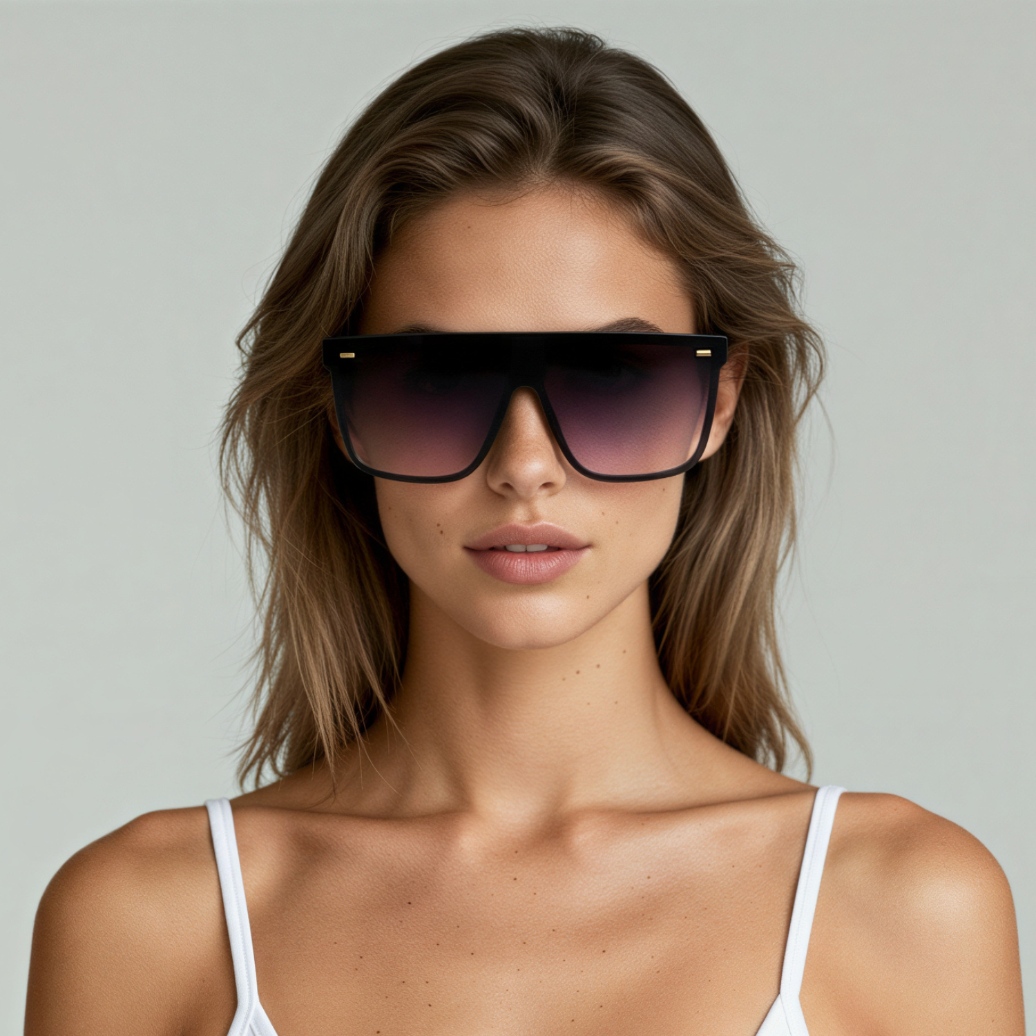 Female model wearing oversized sunglasses with black frame and rose lenses UV400 – Archie by Final Touch