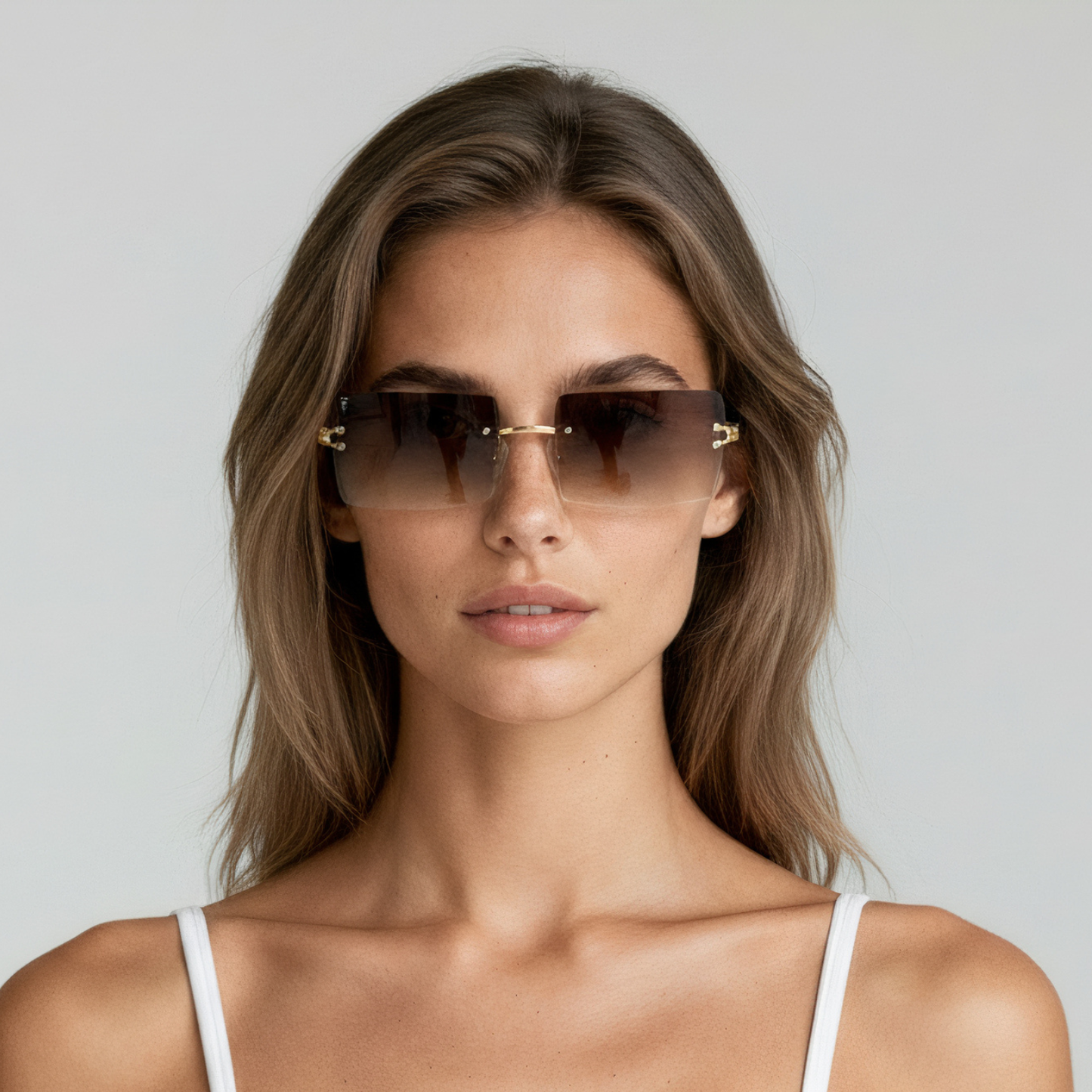 Female model wearing sunglasses with gold frame and brown lenses UV400 – Brittany by Final Touch