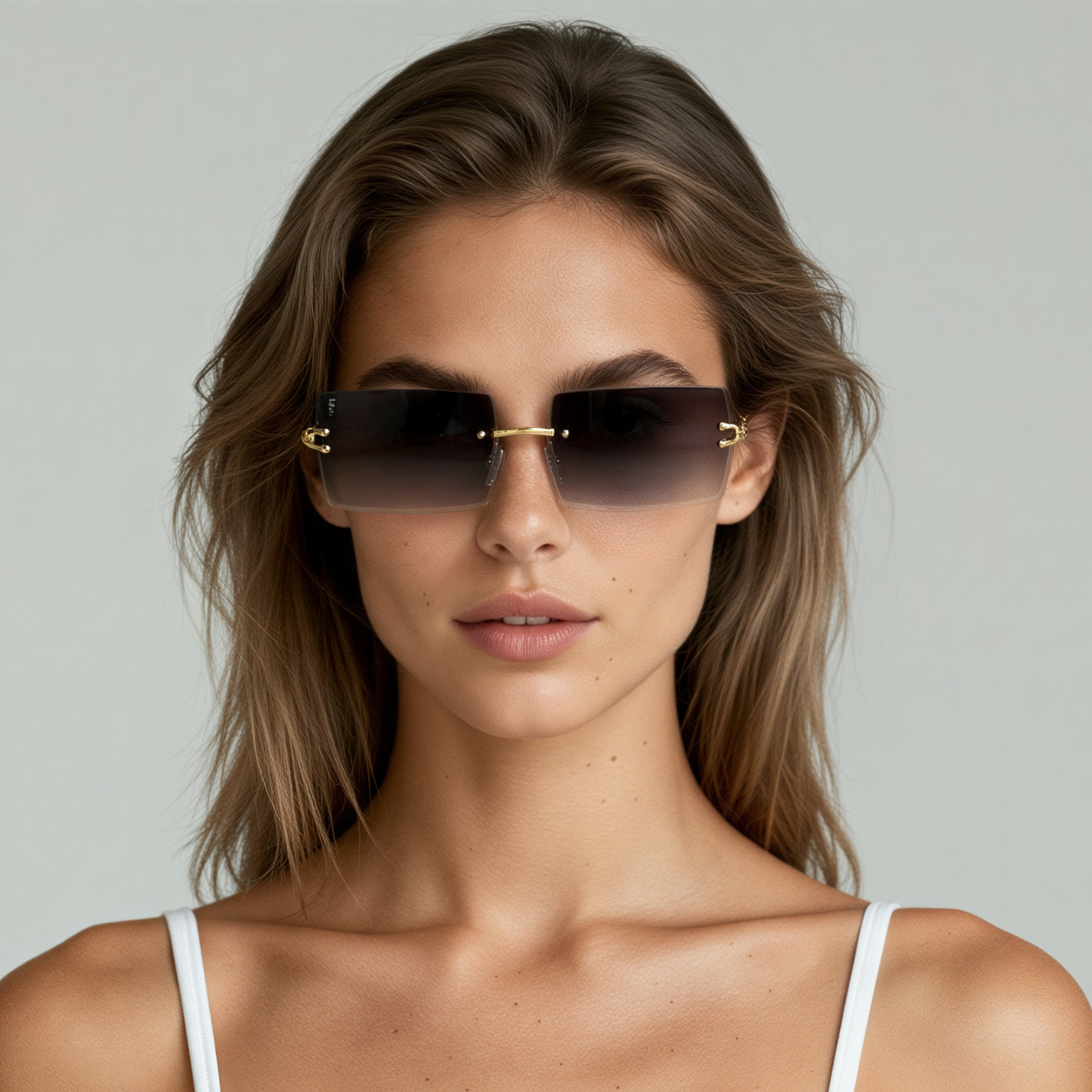 Female model wearing sunglasses with gold frame and smoke lenses UV400 – Brittany by Final Touch