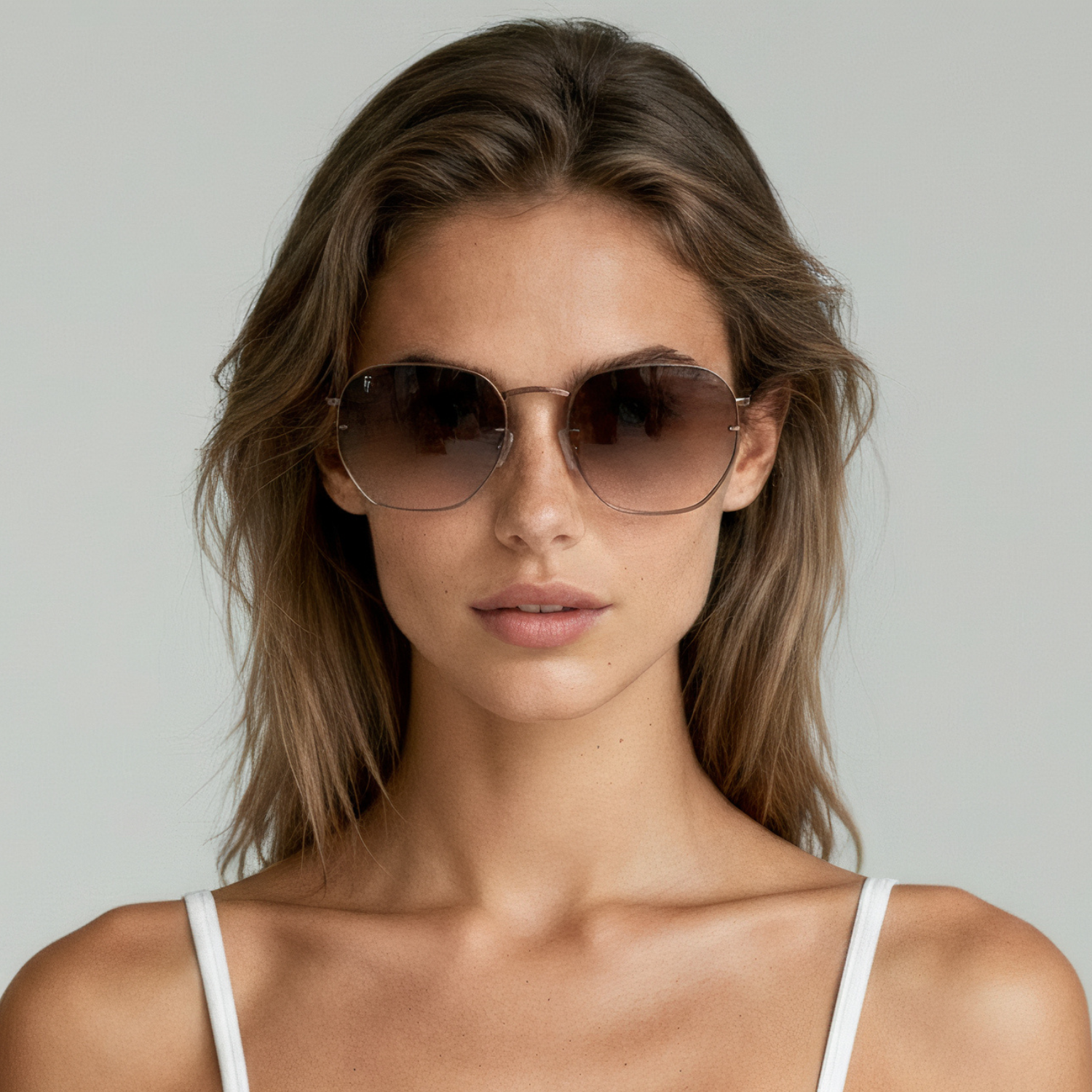 Female model wearing aviator sunglasses with brown frame and brown lenses UV400 – Brydan by Final Touch