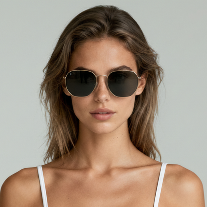 Female model wearing aviator sunglasses with gold frame and black lenses UV400 – Brydan by Final Touch