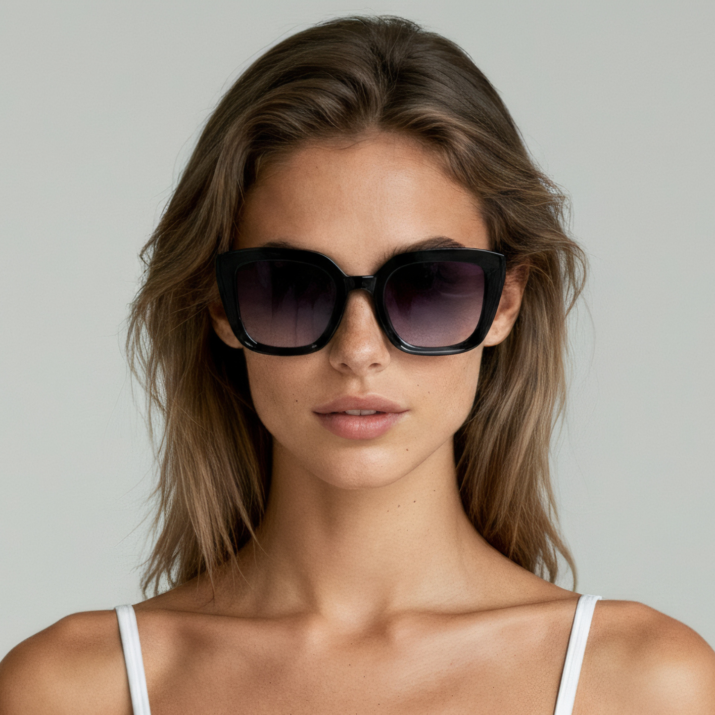 Female model wearing cat eye sunglasses with black frame and smoke lenses UV400 – Camila by Final Touch