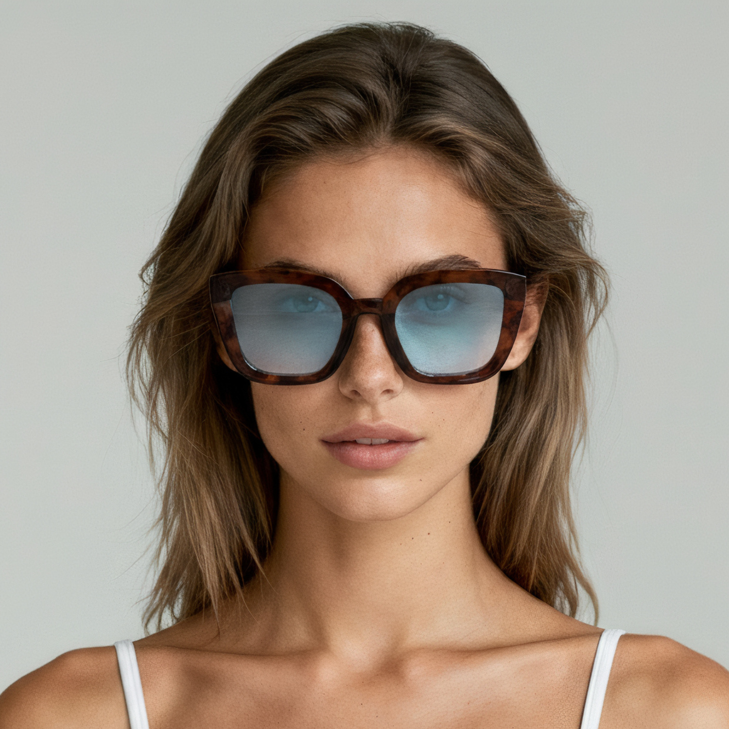 Female model wearing cat eye sunglasses with tortoise frame and brown lenses UV400 – Camila by Final Touch