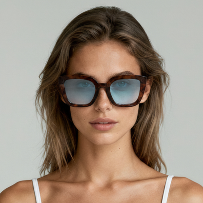 Female model wearing cat eye sunglasses with tortoise frame and brown lenses UV400 – Camila by Final Touch