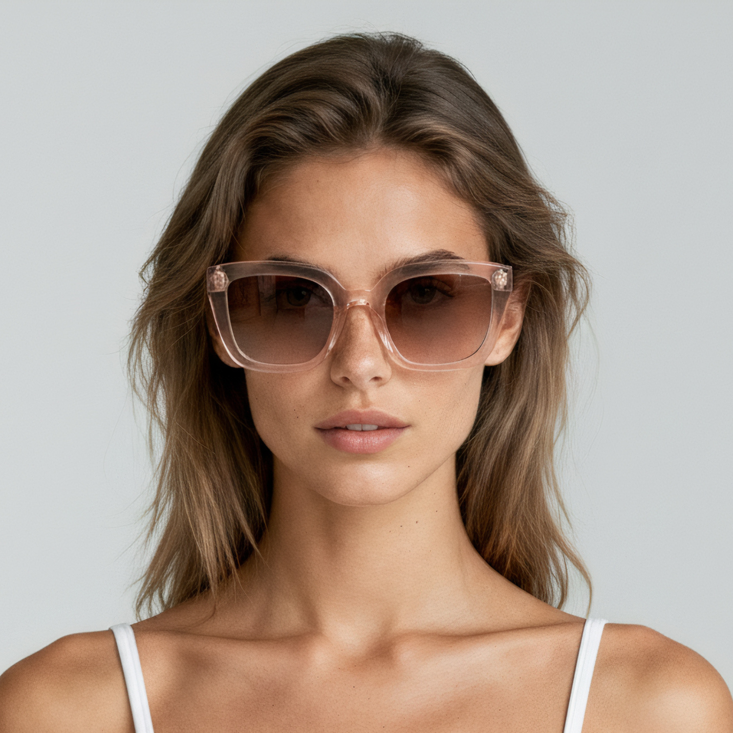Female model wearing cat eye sunglasses with champagne frame and brown lenses UV400 – Camila by Final Touch