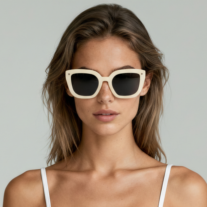 Female model wearing cat eye sunglasses with ivory frame and brown lenses UV400 – Camila by Final Touch