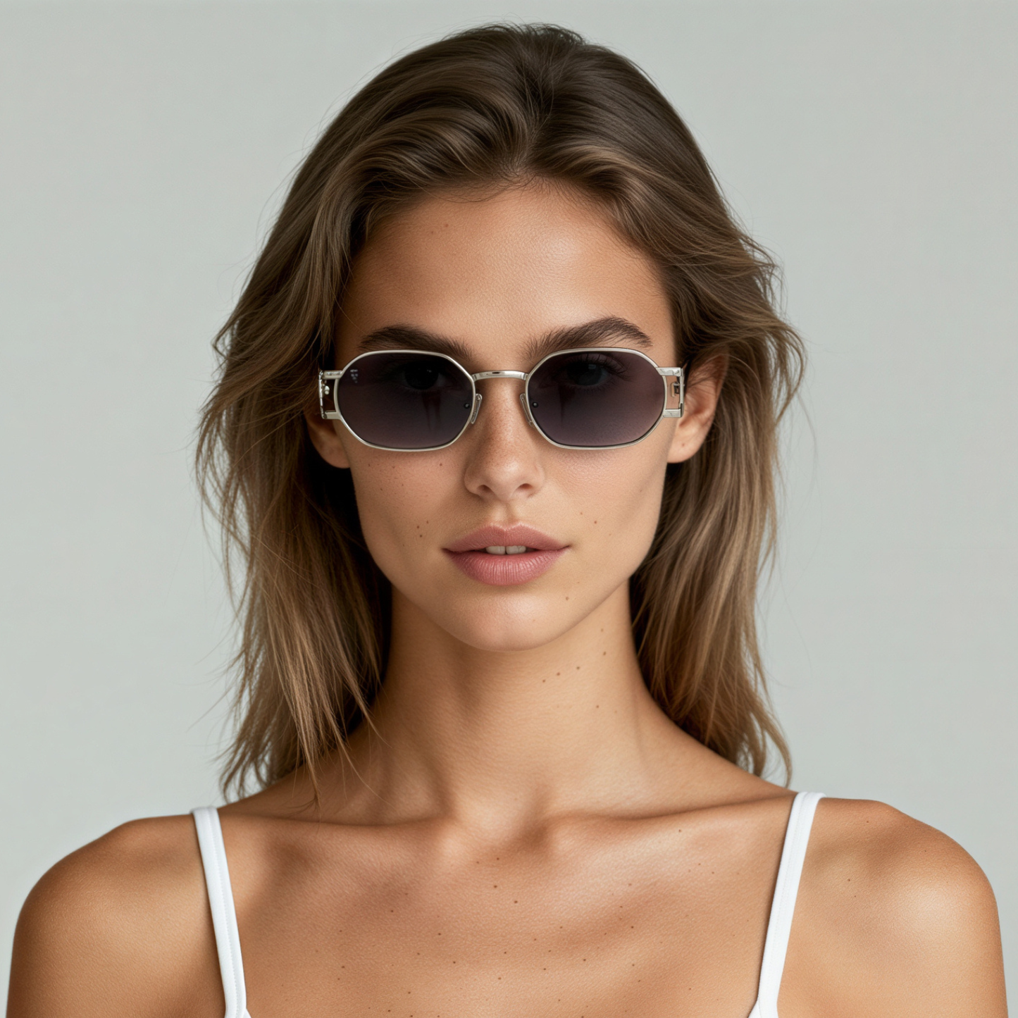 Female model wearing round sunglasses with silver frame and grey lenses UV400 – Charlotte by Final Touch
