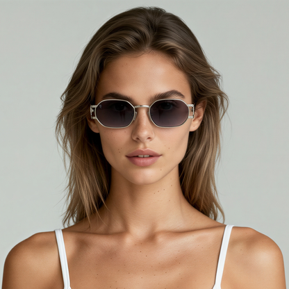 Female model wearing round sunglasses with silver frame and grey lenses UV400 – Charlotte by Final Touch