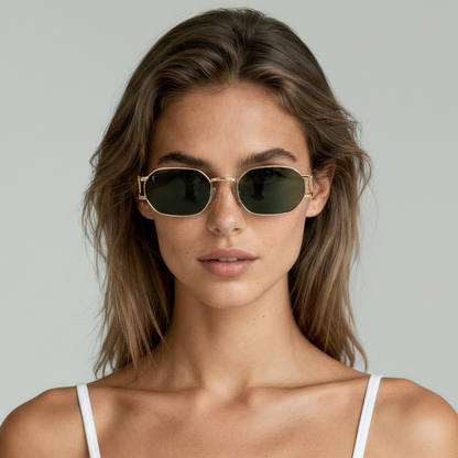 Female model wearing round sunglasses with go frame and green lenses UV400 – Charlotte by Final Touch