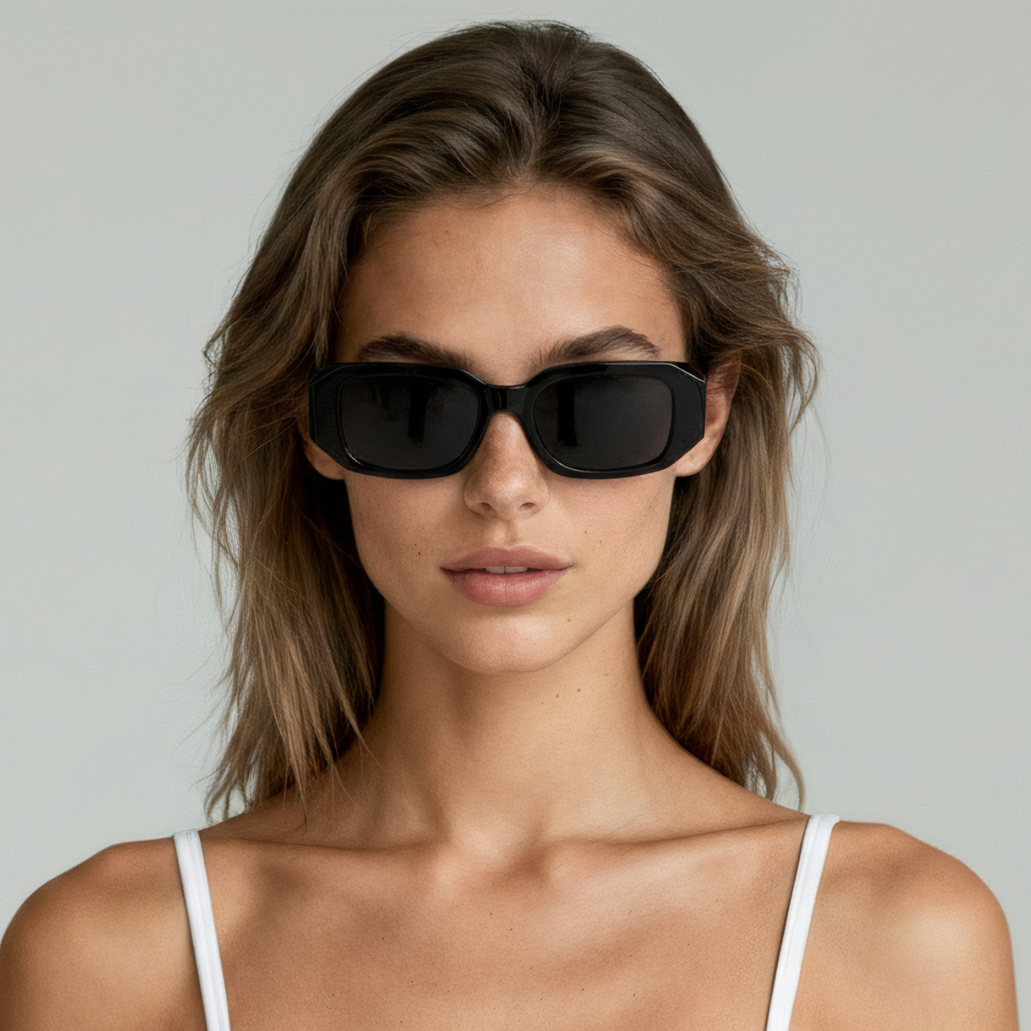 Female model wearing rectangular sunglasses with black frame and smoke lenses UV400 – Emily by Final Touch