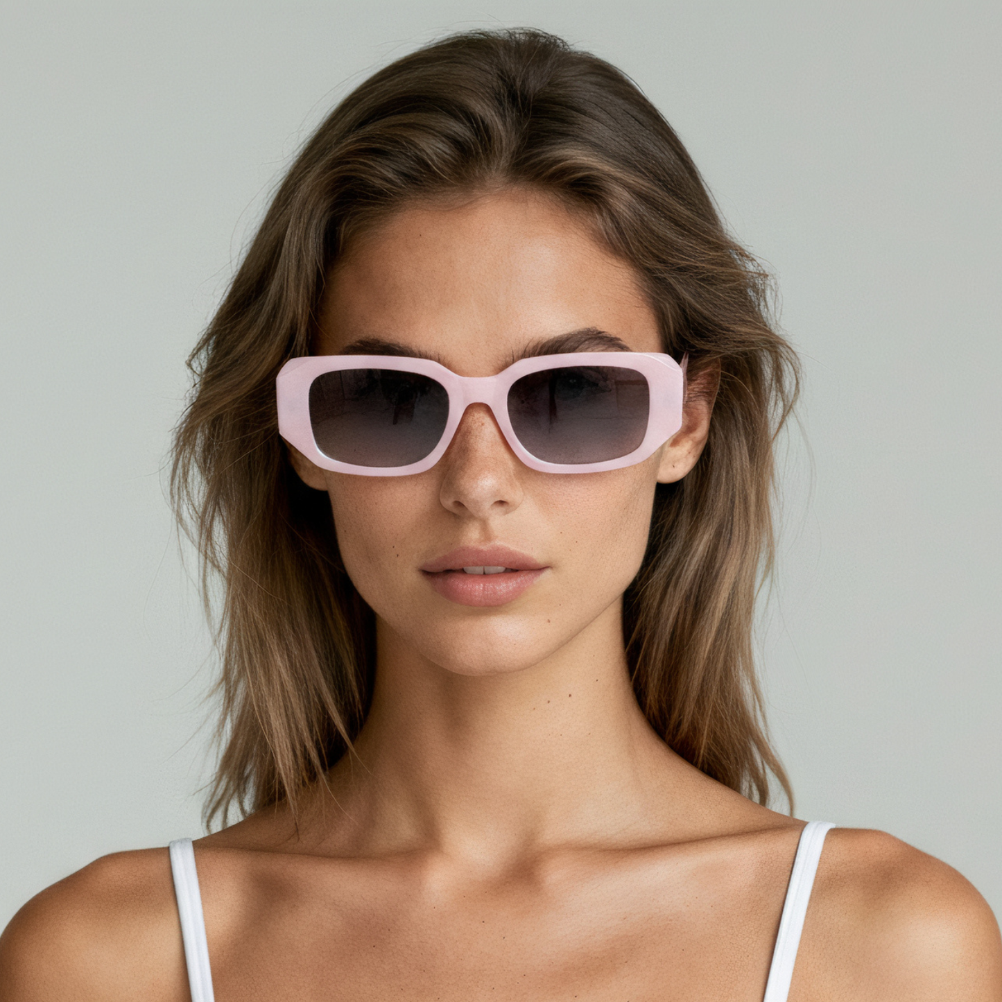 Female model wearing rectangular sunglasses with lavender frame and gradient lenses UV400 – Emily by Final Touch