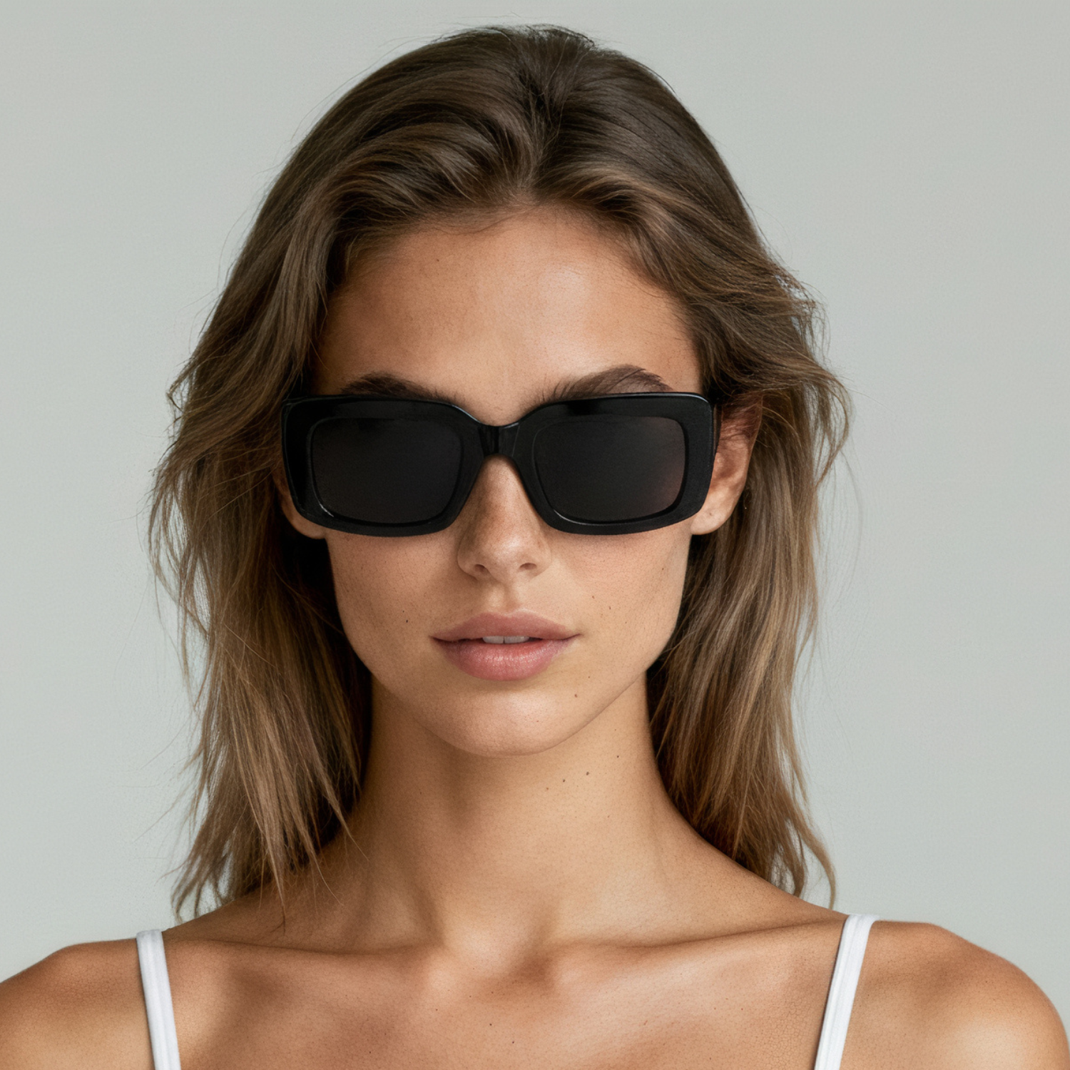 Female model wearing rectangular sunglasses with black frame and smoke lenses UV400 – Gabby by Final Touch