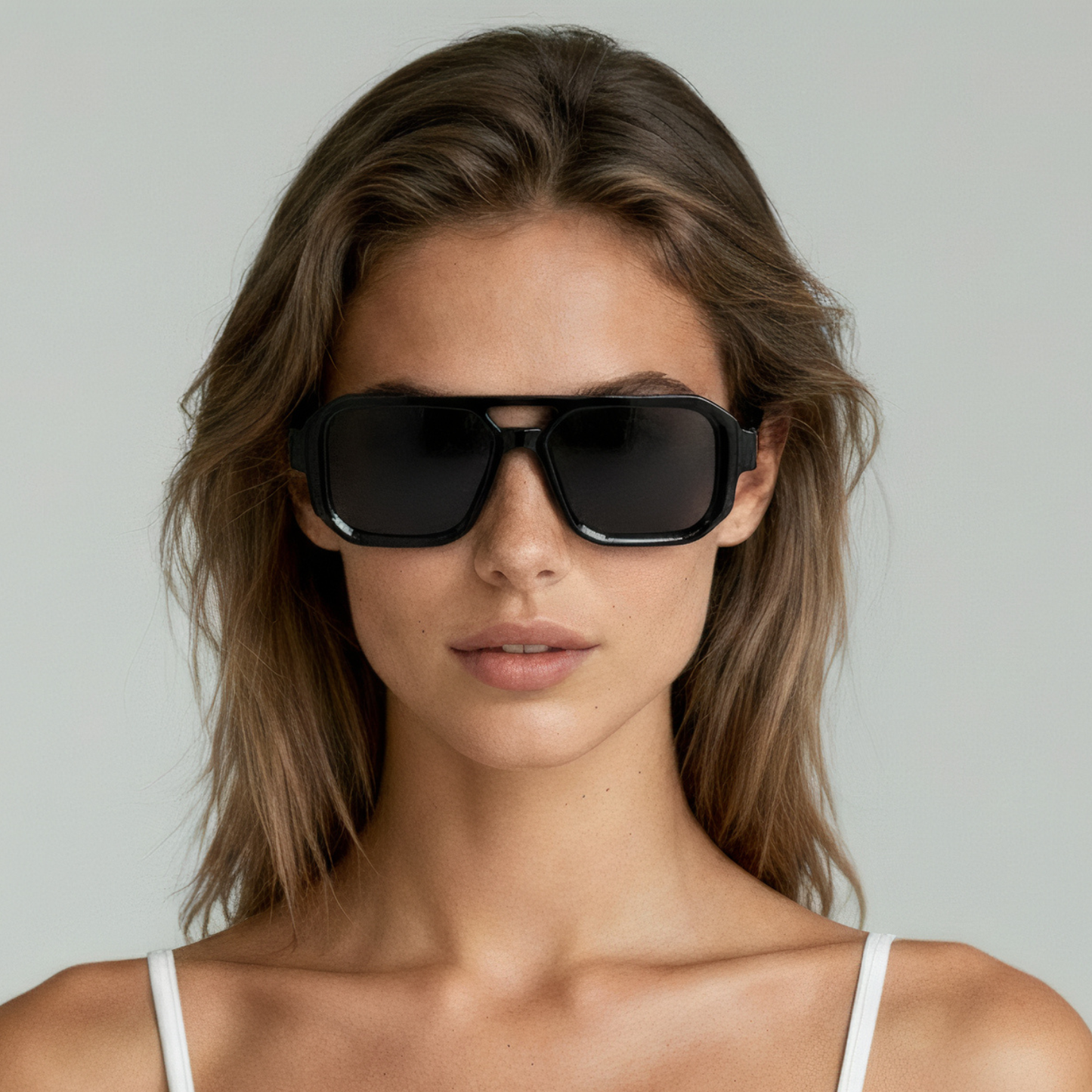 Female model wearing rectangular sunglasses with black frame and smoke lenses UV400 – Jensen by Final Touch