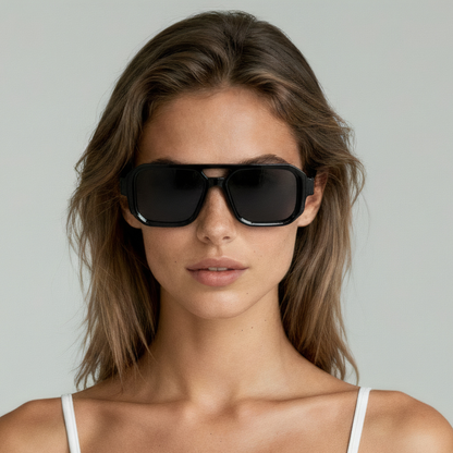 Female model wearing rectangular sunglasses with black frame and smoke lenses UV400 – Jensen by Final Touch
