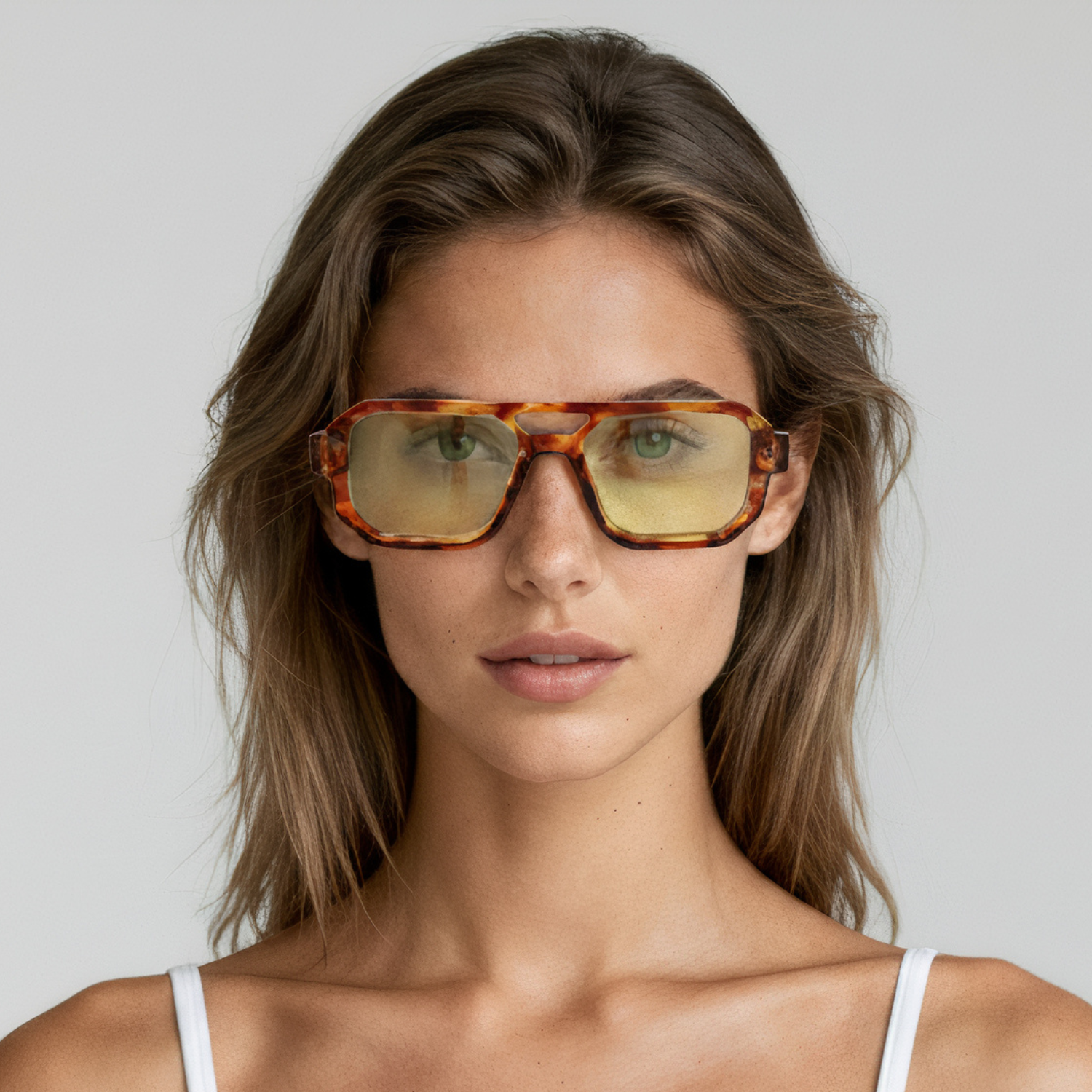 Female model wearing rectangular sunglasses with tortoise frame and brown lenses UV400 – Jensen by Final Touch
