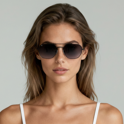 Female model wearing aviator sunglasses with matte black frame and smoke lenses UV400 – Lennon by Final Touch