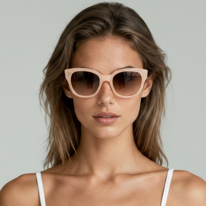 Female model wearing cat eye sunglasses with nude frame and smoke lenses UV400 – Nicky by Final Touch