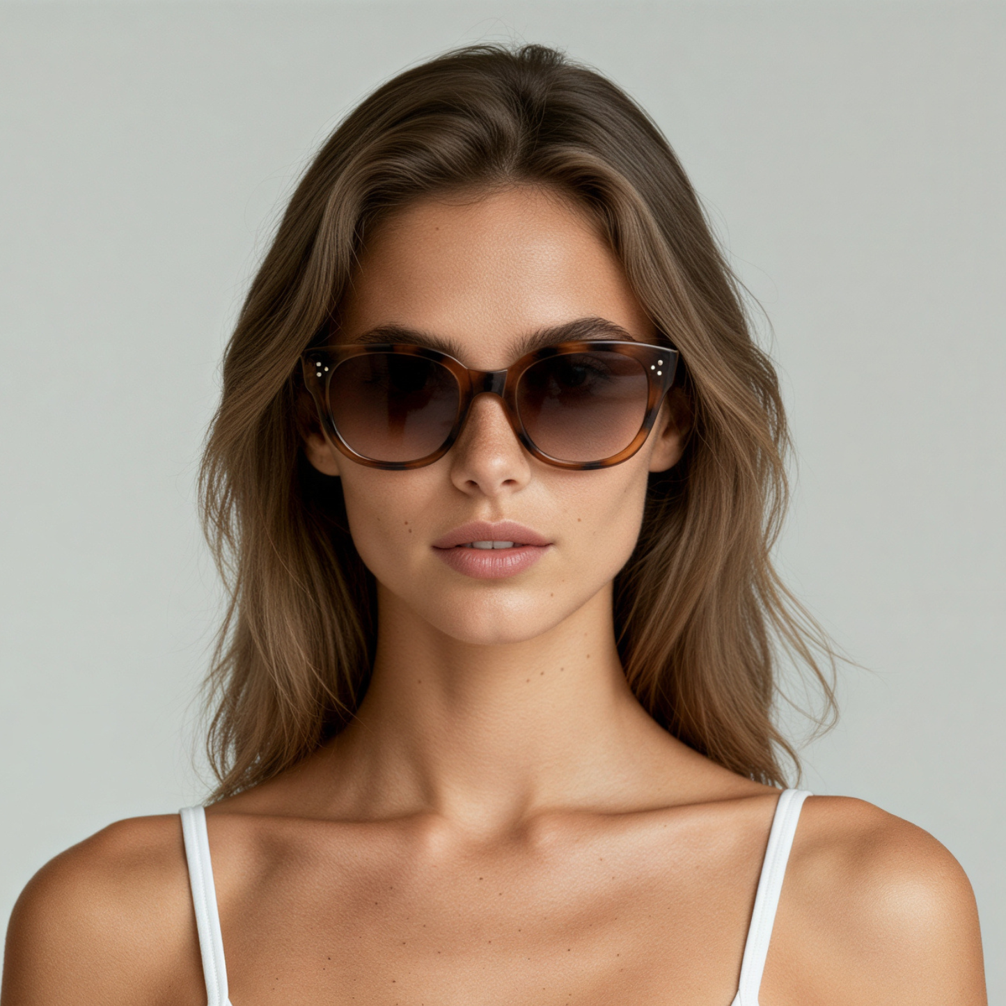 Female model wearing cat eye sunglasses with tortoiseshell frame and brown lenses UV400 – Nicky by Final Touch
