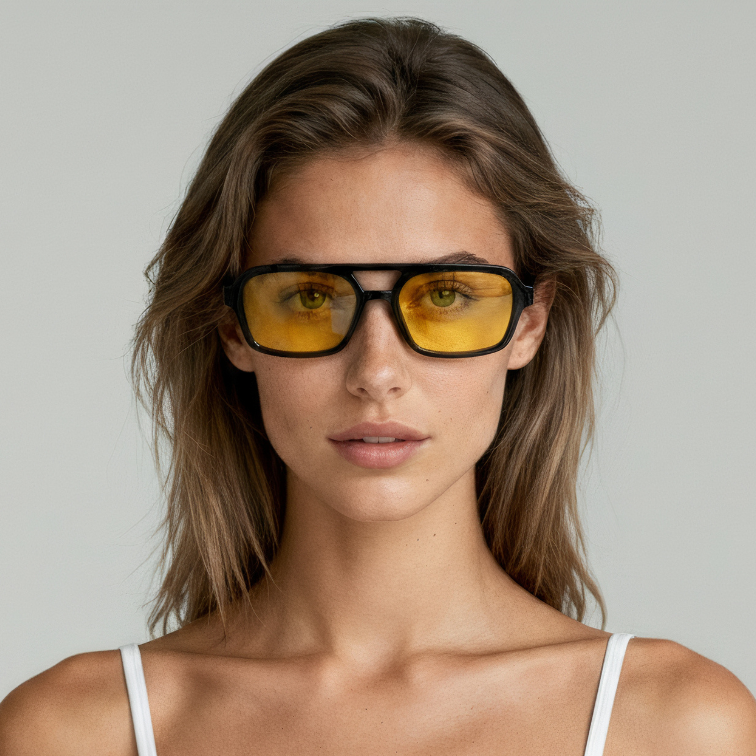Female model wearing rectangular sunglasses with black frame and yellow lenses UV400 – Tony by Final Touch