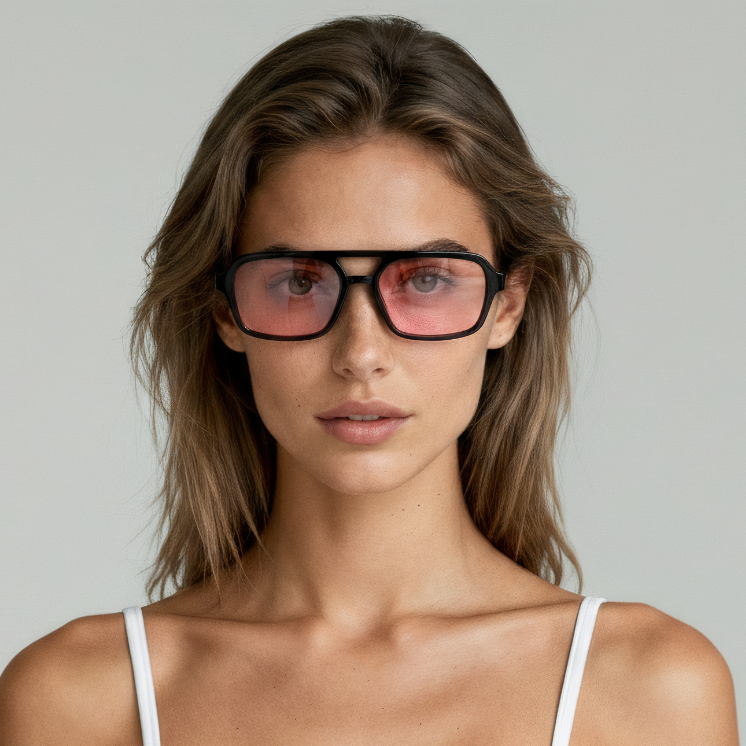 Female Model wearing rectangular sunglasses with black frame and rose lenses UV400 – Tony by Final Touch