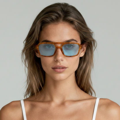 Female model wearing rectangular sunglasses with honey tortoise frame and brown lenses UV400 – Tony by Final Touch