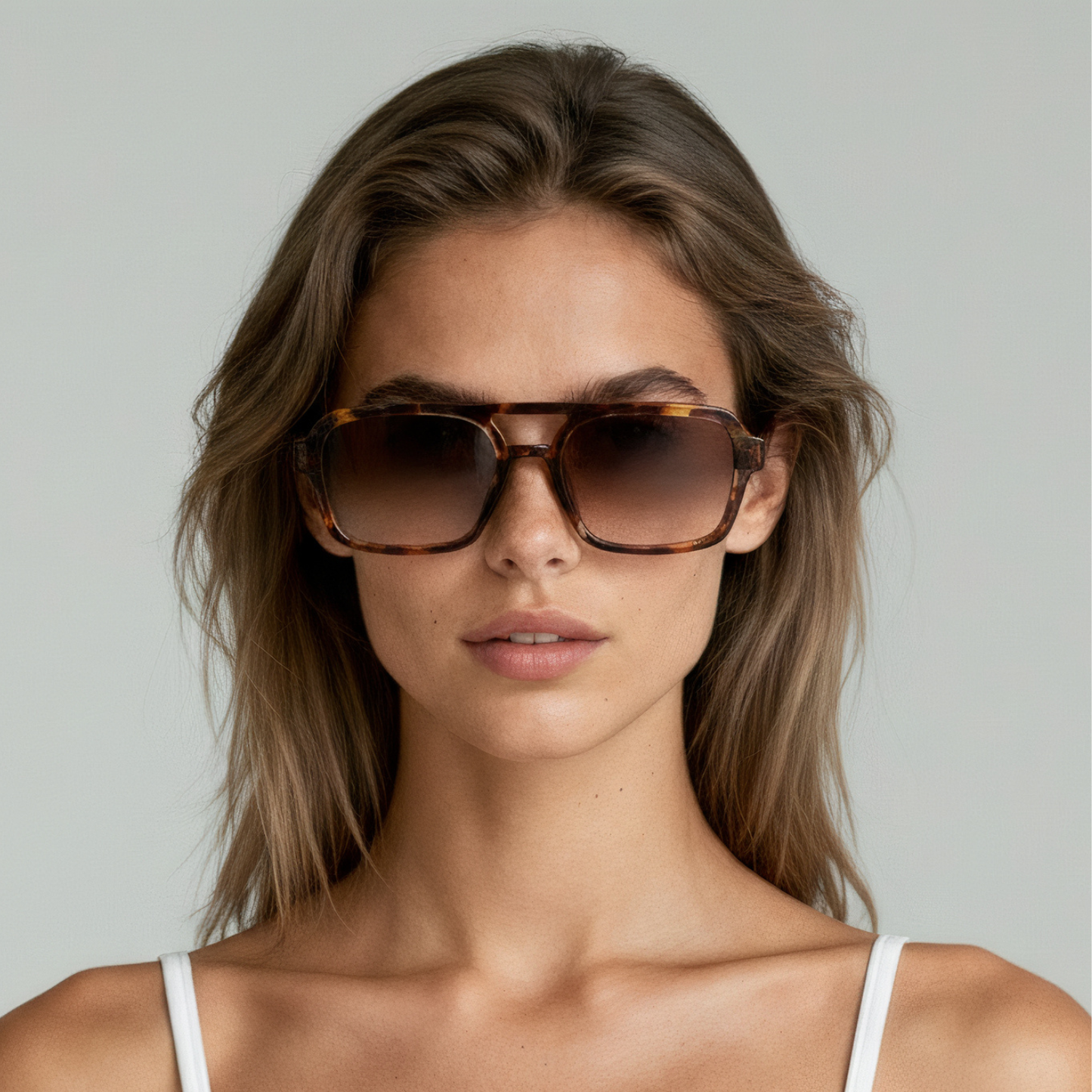 Female model wearing rectangular tortoise sunglasses with brown gradient lenses UV400 – Tony by Final Touch
