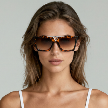 Female model wearing rectangular sunglasses with tortoise frame and brown lenses UV400 – Wade by Final Touch