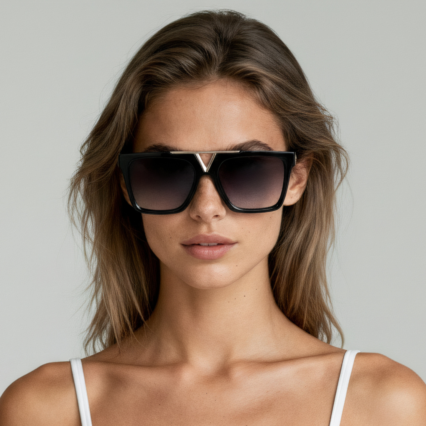 Female model wearing rectangular sunglasses with black and gold frame and smoke lenses UV400 – Wade by Final Touch