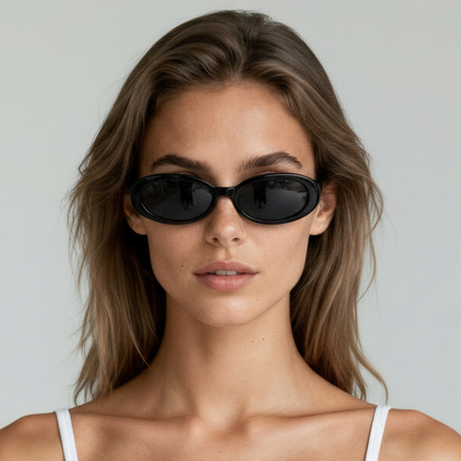Oval sunglasses black frame smoke lens UV400 – Layla Shadow female model