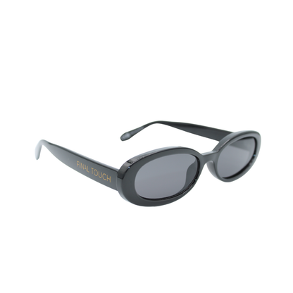 Oval sunglasses black frame smoke lens UV400 angled view – Layla Shadow