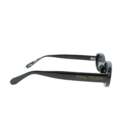 Oval sunglasses black frame smoke lens UV400 side view logo arm – Layla Shadow