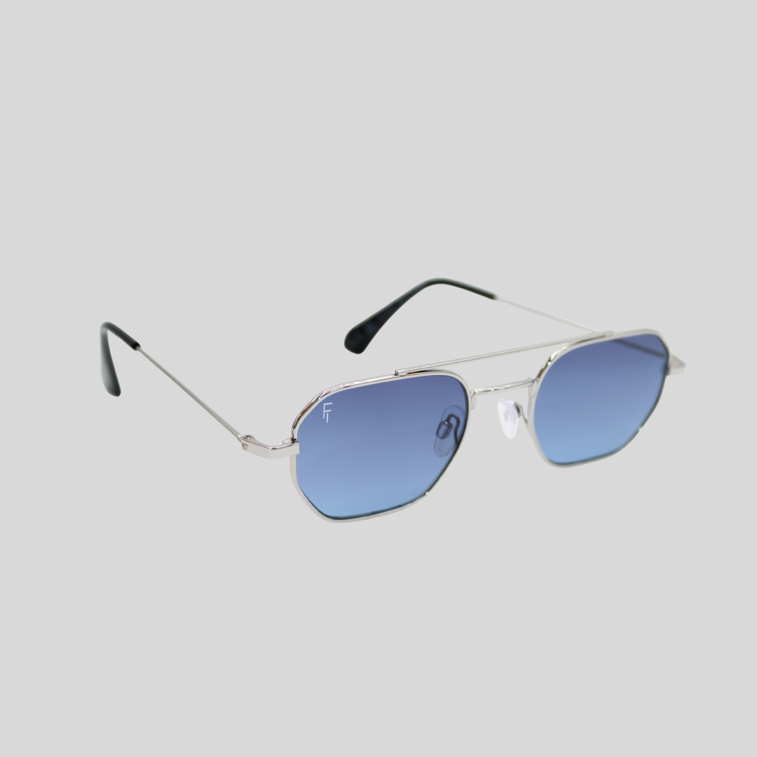 Lennon Silver Blue front unisex sunglasses with silver metal frame and blue lenses