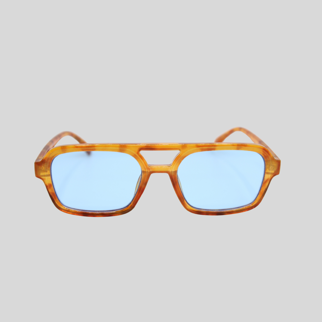Tony Honey Tortoise sunglasses with rectangular frame and coloured lenses