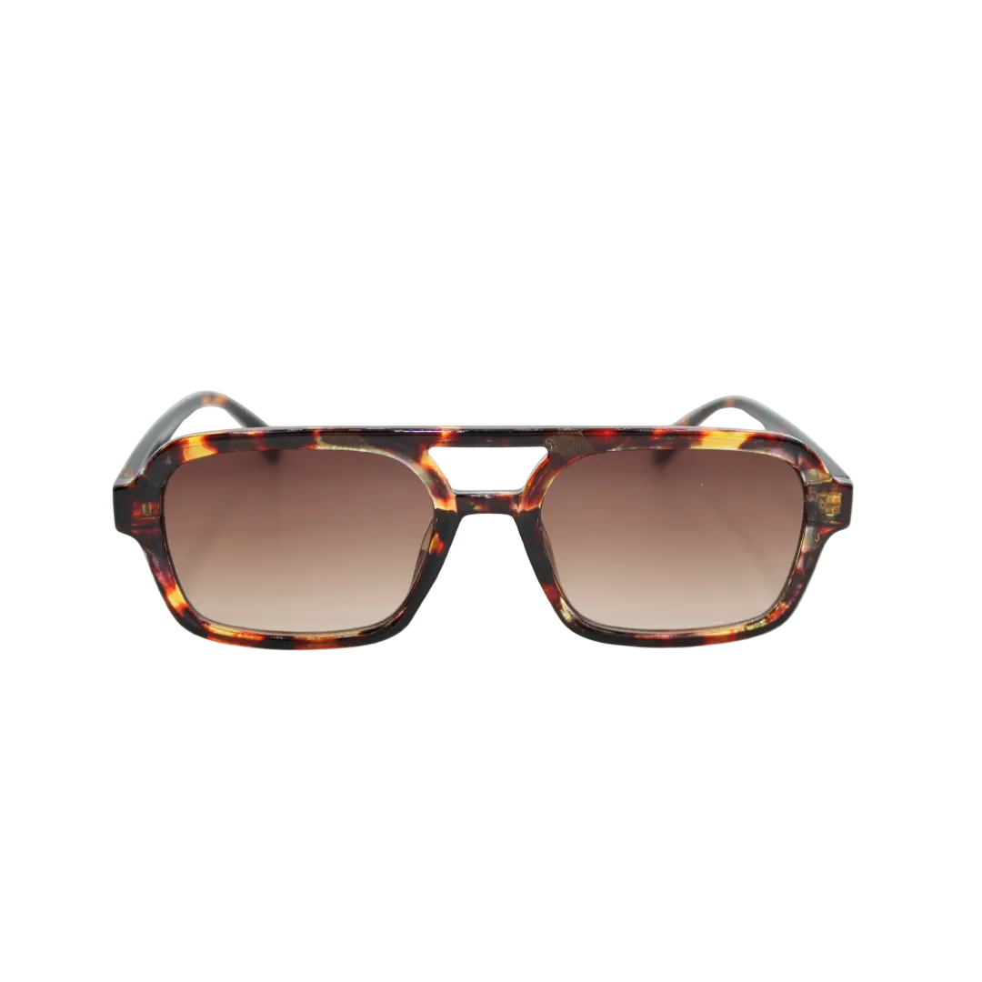 Vintage tortoiseshell square sunglasses with brown gradient lenses, front-facing on a light grey background.