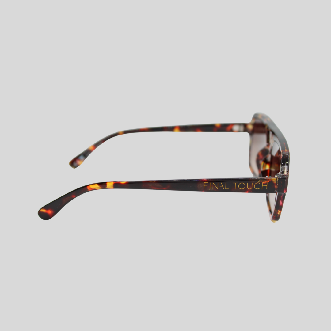 vintage tortoiseshell side square sunglasses with brown gradient lenses and “Final Touch” branding on the arm, on a light grey background.